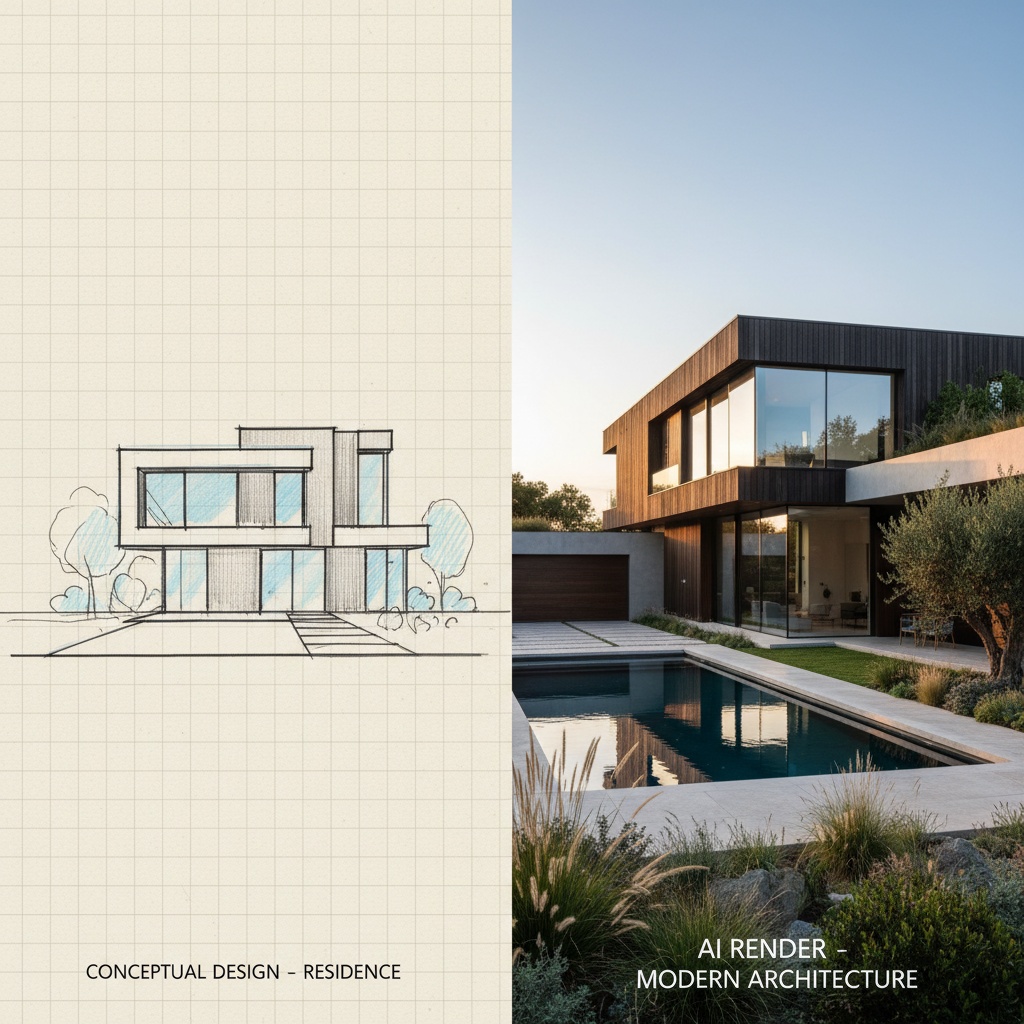 AI rendering comparison showing traditional vs AI-powered workflow