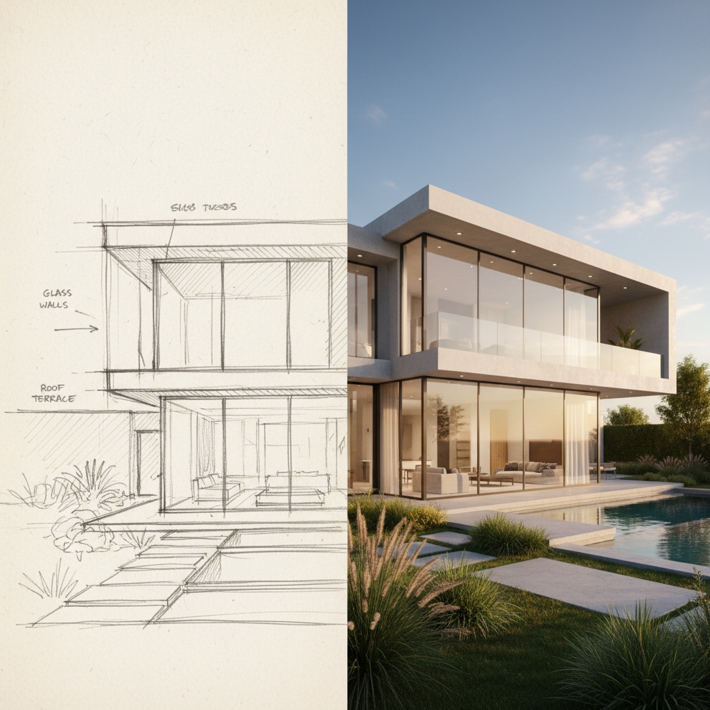 AI-generated architectural rendering showing modern building design