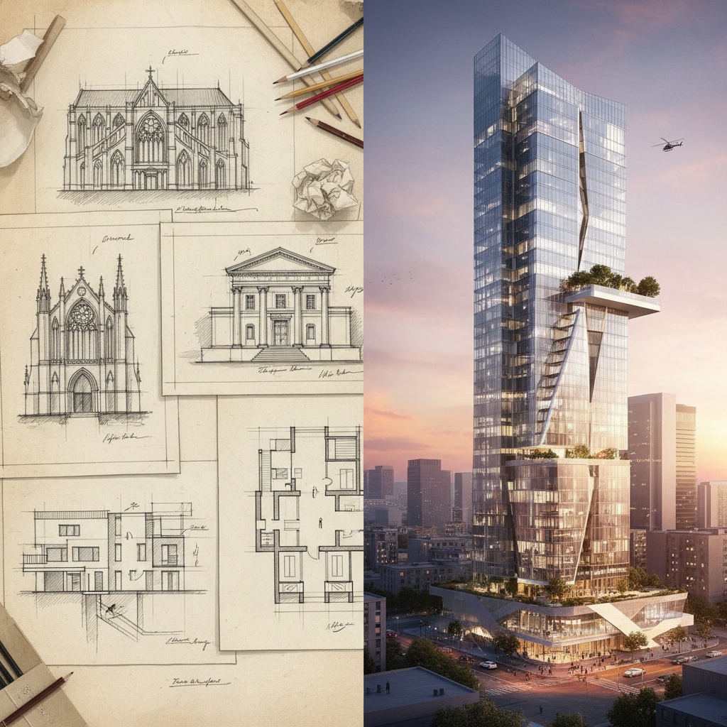 Architecture visualization comparison showing technical drawings versus photorealistic renders