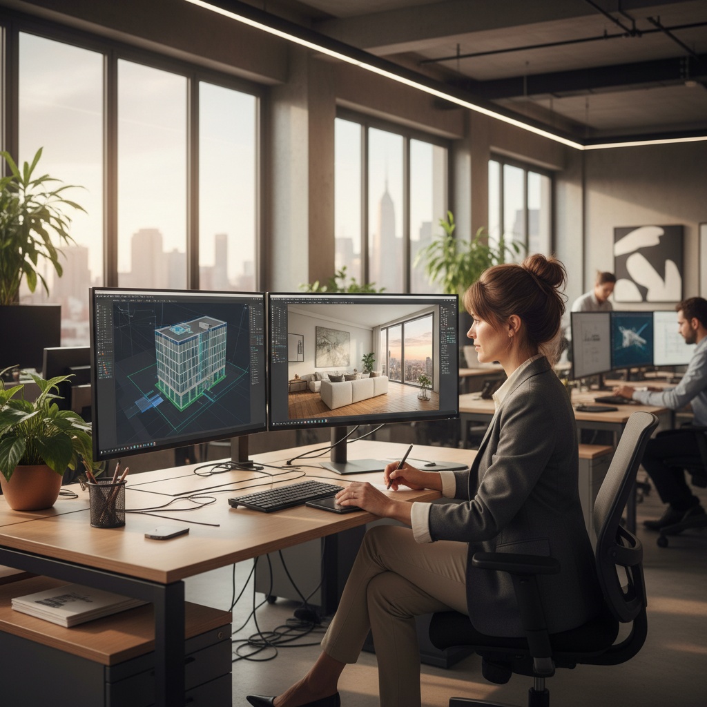 Students working on architectural visualization projects in a modern classroom setting