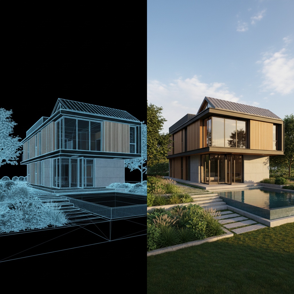 Side-by-side comparison of traditional rendering workflow versus AI-generated architectural visualization